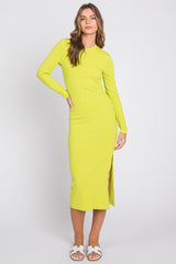 Lime Ribbed Mock Neck Long Sleeve Midi Dress