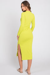 Lime Ribbed Mock Neck Long Sleeve Midi Dress