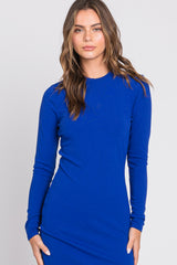 Royal Blue Ribbed Mock Neck Long Sleeve Midi Dress