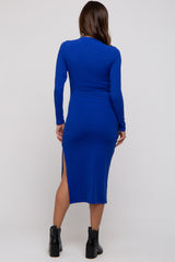 Royal Blue Ribbed Mock Neck Long Sleeve Maternity Midi Dress