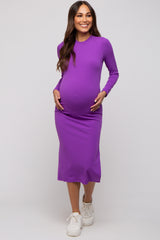 Purple Ribbed Mock Neck Long Sleeve Maternity Midi Dress