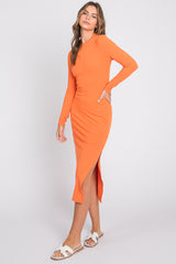 Orange Ribbed Mock Neck Long Sleeve Midi Dress