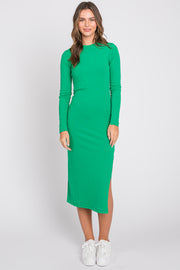 Green Ribbed Mock Neck Long Sleeve Midi Dress