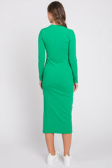 Green Ribbed Mock Neck Long Sleeve Midi Dress