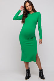 Green Ribbed Mock Neck Long Sleeve Maternity Midi Dress