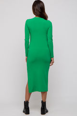 Green Ribbed Mock Neck Long Sleeve Maternity Midi Dress