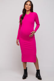 Fuchsia Ribbed Mock Neck Long Sleeve Maternity Midi Dress