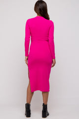 Fuchsia Ribbed Mock Neck Long Sleeve Maternity Midi Dress