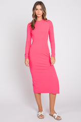 Pink Ribbed Mock Neck Long Sleeve Maternity Midi Dress