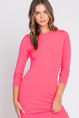 Pink Ribbed Mock Neck Long Sleeve Midi Dress