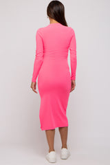 Pink Ribbed Mock Neck Long Sleeve Maternity Midi Dress