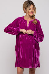 Magenta V-Neck Velvet Maternity Dress