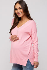 Pink Long Sleeve Side Slit Maternity Sweater