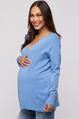 Light Blue Long Sleeve Side Slit Maternity Sweater