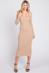 Beige Ribbed Scallop Hem Long Sleeve Midi Dress