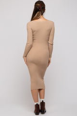 Beige Ribbed Scallop Hem Long Sleeve Maternity Midi Dress