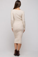 Cream Ribbed Scallop Hem Long Sleeve Maternity Midi Dress