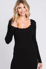 Black Ribbed Scallop Hem Long Sleeve Midi Dress