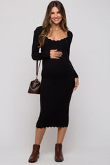 Black Ribbed Scallop Hem Long Sleeve Maternity Midi Dress