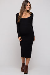 Black Ribbed Scallop Hem Long Sleeve Maternity Midi Dress