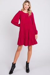 Magenta Velvet Tiered Long Sleeve Maternity Dress