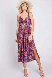 Purple Floral Sleeveless Cutout Midi Dress