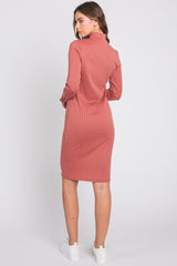 Rust Ribbed Mock Neck Long Sleeve Dress