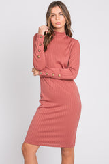 Rust Ribbed Mock Neck Long Sleeve Dress