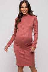 Rust Ribbed Mock Neck Long Sleeve Maternity Dress