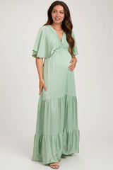 Mint V-Neck Flutter Sleeve Tiered Maternity Maxi Dress