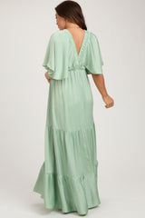 Mint V-Neck Flutter Sleeve Tiered Maternity Maxi Dress