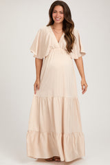 Beige V-Neck Flutter Sleeve Tiered Maternity Maxi Dress