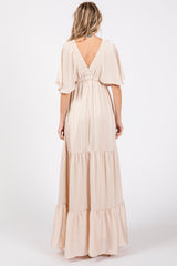 Beige V-Neck Flutter Sleeve Tiered Maxi Dress