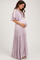 Lavender V-Neck Flutter Sleeve Tiered Maternity Maxi Dress