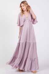 Lavender V-Neck Flutter Sleeve Tiered Maternity Maxi Dress