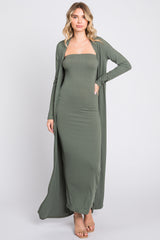 Olive Ribbed Sleeveless Dress Cardigan Maternity Set