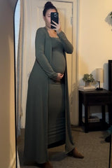 Olive Ribbed Sleeveless Dress Cardigan Maternity Set