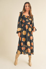 Black Floral Jacquard Chiffon Balloon Sleeve Midi Dress