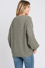 Light Olive Knit Puff Sleeve Sweater