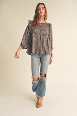 Grey Mocha Floral Ruffle Blouse