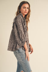 Grey Mocha Floral Ruffle Blouse