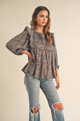 Grey Mocha Floral Ruffle Blouse