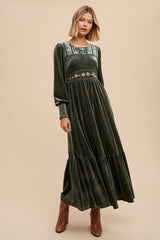 Olive Folklore Embroidered Velvet Dress