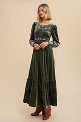 Olive Folklore Embroidered Velvet Dress