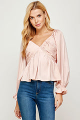 Nude Pink Pleated Long Sleeve Satin Top