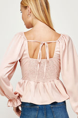 Nude Pink Pleated Long Sleeve Satin Top