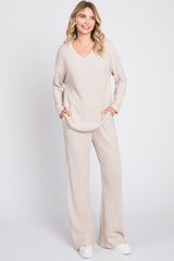 Beige Ribbed Soft Knit Long Sleeve Pajama Set