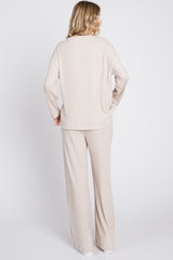 Beige Ribbed Soft Knit Long Sleeve Pajama Set