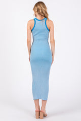 Blue Ribbed Knit Sleeveless Fitted Midi Dress