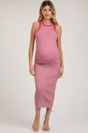 Pink Ribbed Knit Sleeveless Fitted Maternity Midi Dress